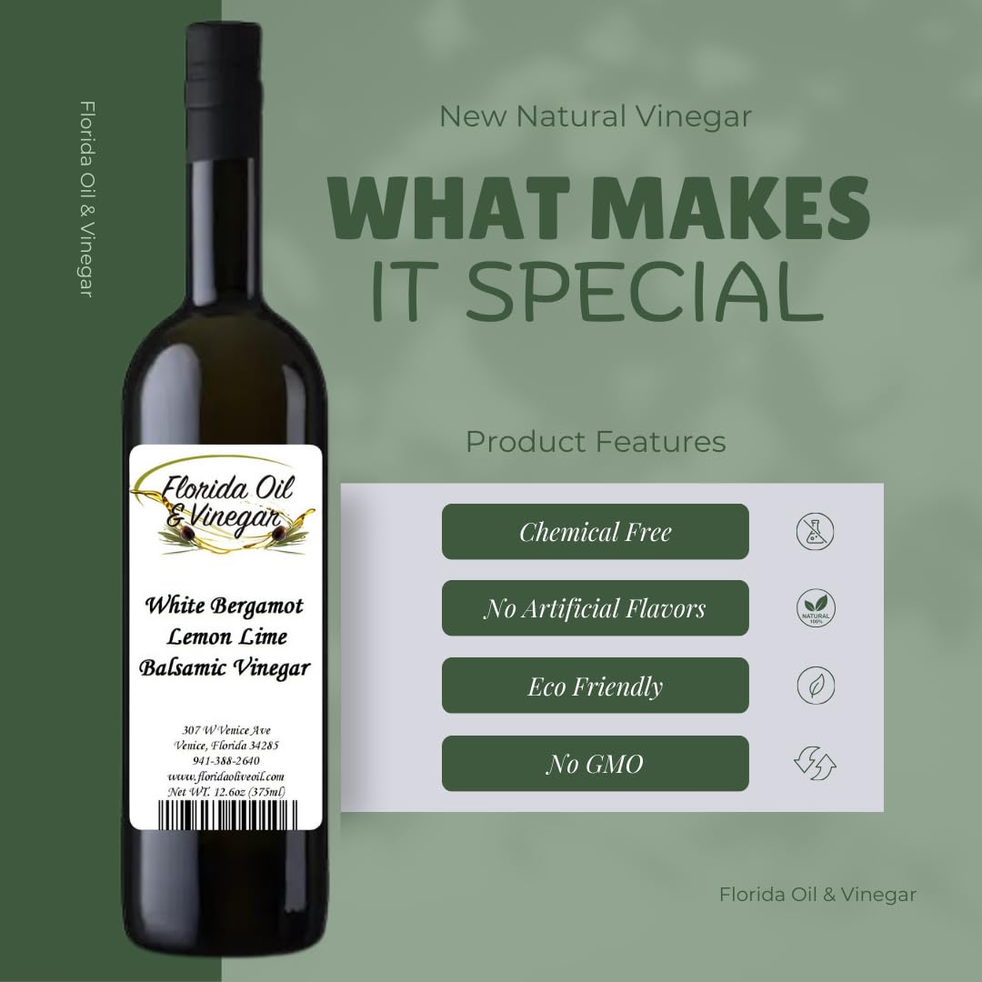 White Bergamot Lemon Lime Balsamic Vinegar - Gourmet Citrus-Infused Balsamic for Cooking, Salads & Glazes