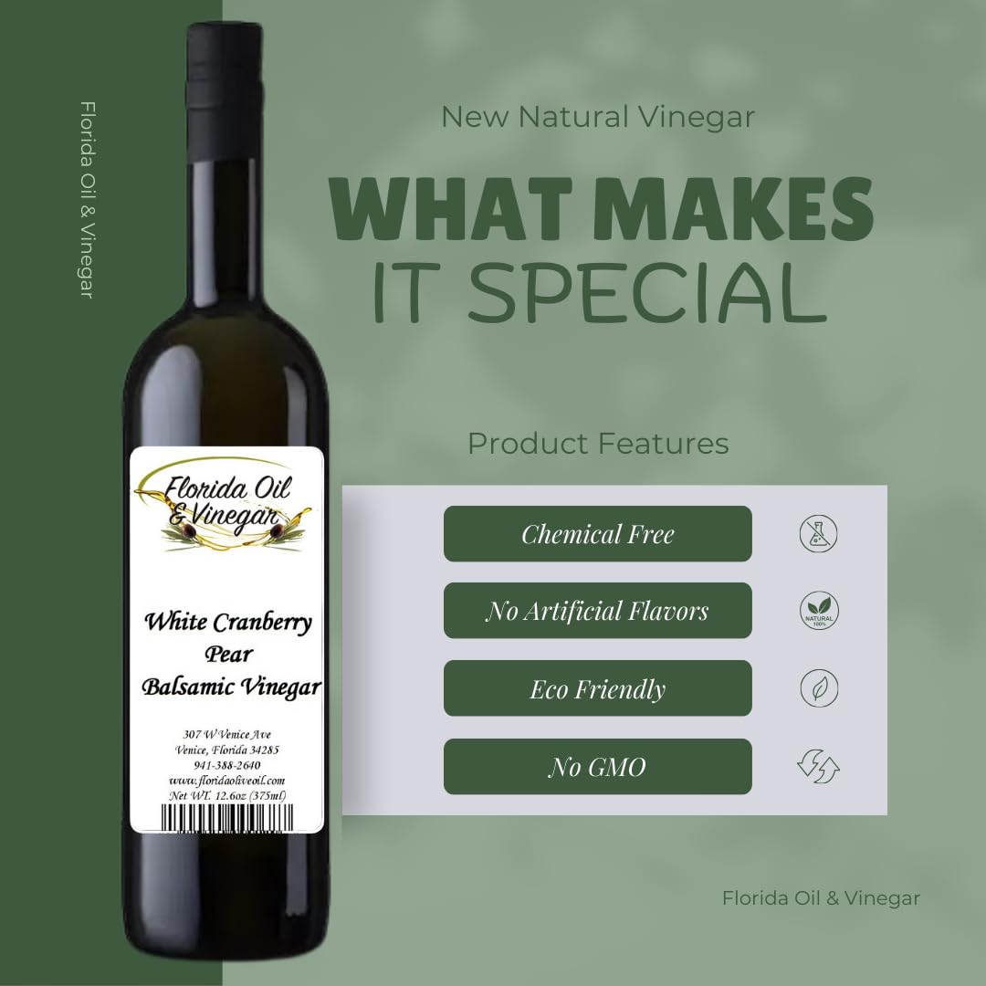 White Cranberry Pear Balsamic Vinegar - Fruity & Fresh Infused Balsamic for Salads, Marinades & Glazes