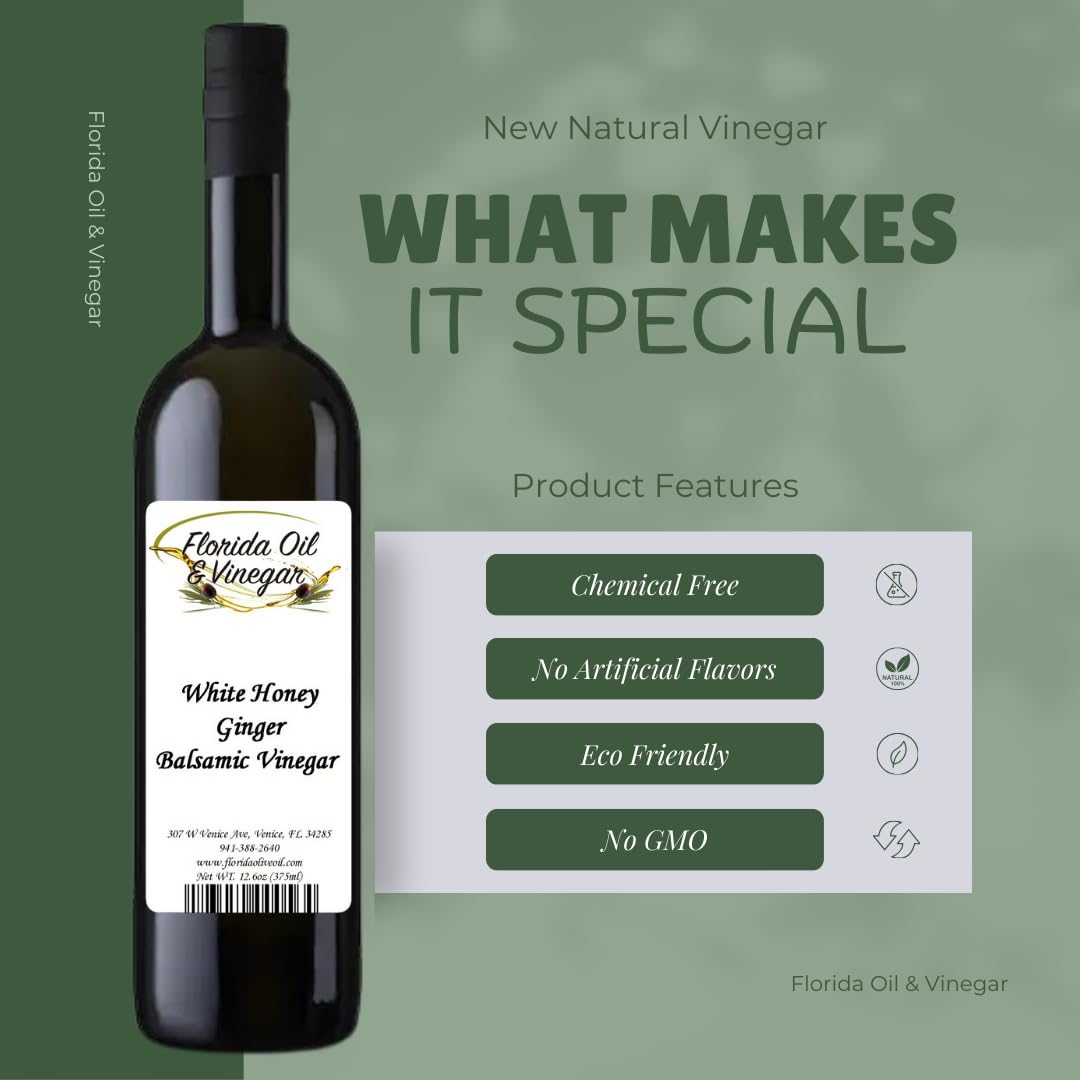 White Honey Ginger Balsamic Vinegar – Gourmet Cooking & Salad Dressing, Natural Sweetener, Gluten-Free