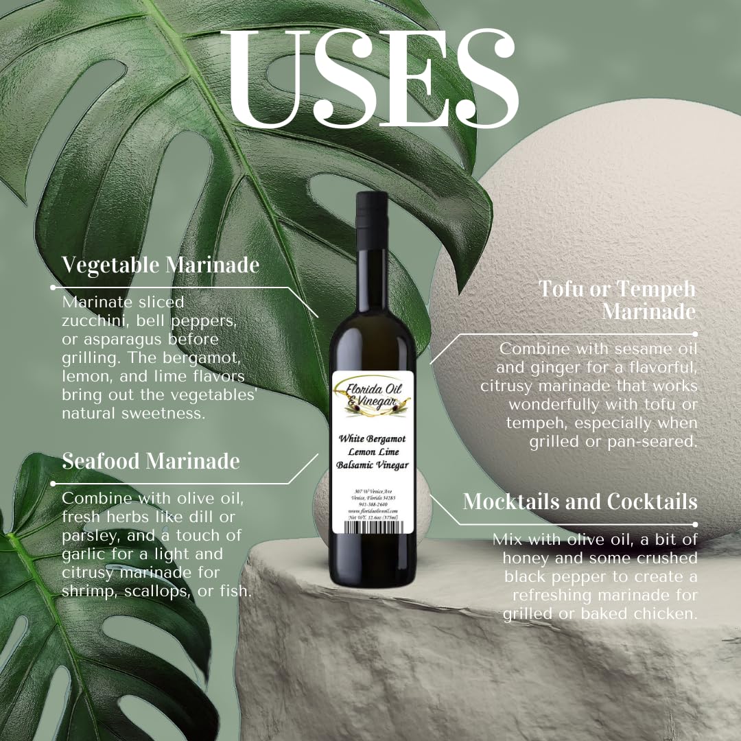 White Bergamot Lemon Lime Balsamic Vinegar - Gourmet Citrus-Infused Balsamic for Cooking, Salads & Glazes