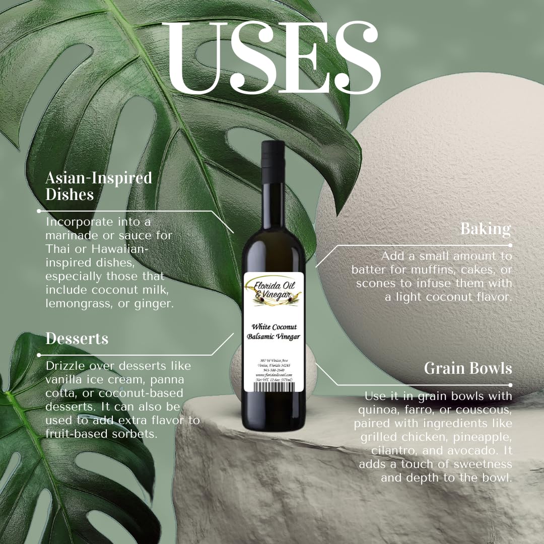 White Coconut Balsamic Vinegar - Tropical Infused Balsamic for Salads, Marinades & Desserts